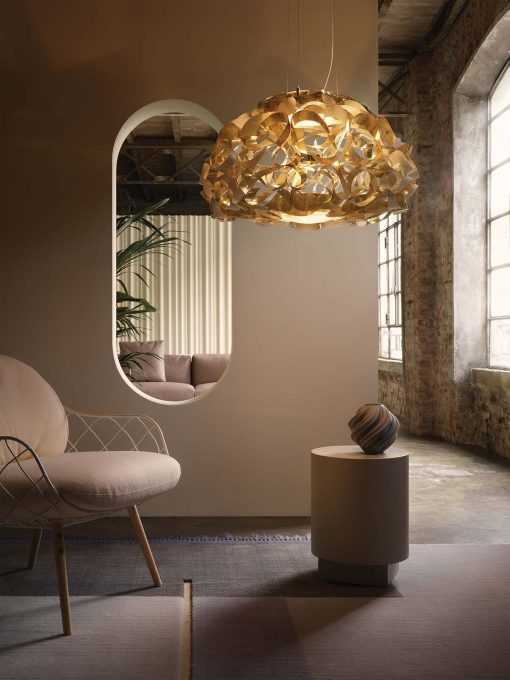 Original and luxurious round gold suspension handmade in Italy with recyclable technopolymers. Stunning three-dimensional effect. Free home delivery.