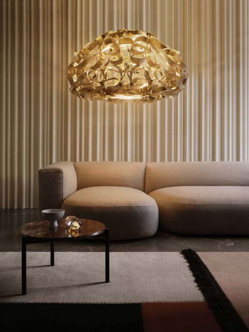 Original and luxurious round gold suspension handmade in Italy with recyclable technopolymers. Stunning three-dimensional effect. Free home delivery.