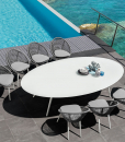 Outdoor oval table, generous size. Perfect for garden, poolside, yachts, villas, restaurants, hotels. Aluminium frame and glass top. Free shipping.