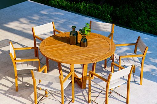 Luxury outdoor round table. Solid Asian teak wood. Luxury furniture for garden and terrace. Online sale.