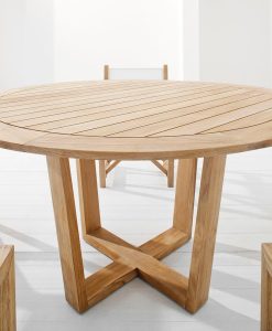 Luxury outdoor round table. Indonesian teak wood. Luxury furniture for garden and terrace. Online sale.