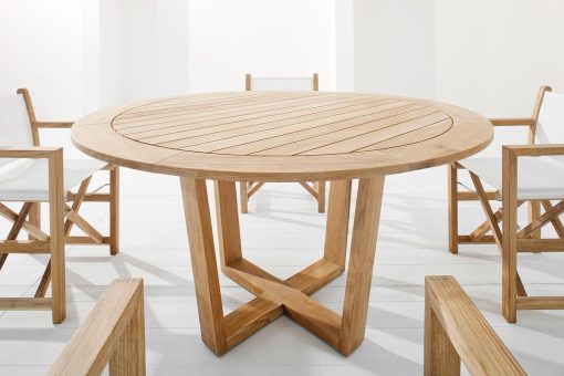 Luxury outdoor round table. Indonesian teak wood. Luxury furniture for garden and terrace. Online sale.
