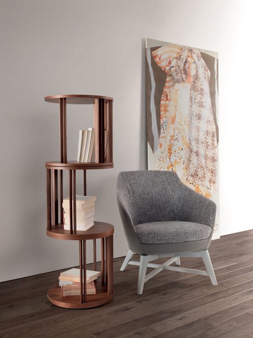 Round freestanding bookcase in Canaletto walnut. 3 shelves. High-end furniture for the home and the office. Free home delivery.