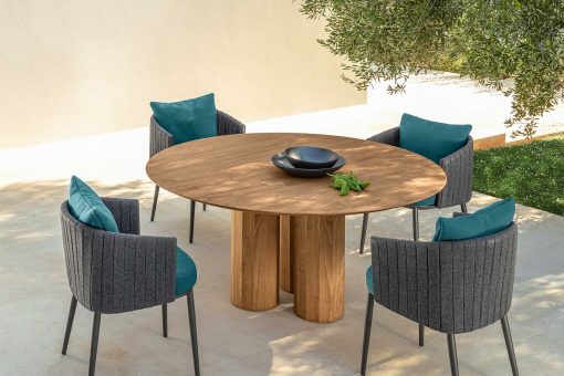 Shop online for high quality outdoor furniture. This luxurious blue dining chair has padded seat and backrest. Free home shipping.