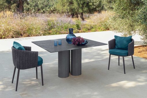 Shop online for high quality outdoor furniture. This luxurious blue dining chair has padded seat and backrest. Free home shipping.