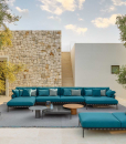 Shop online for your complete new outdoor furniture. Blue garden lounge set (sofa, armchair, coffee table and several outdoor accessories) home delivered.