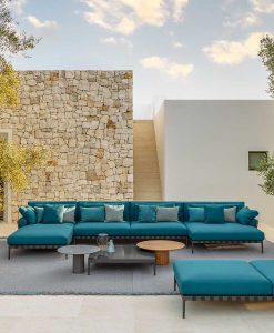 Shop online for your complete new outdoor furniture. Blue garden lounge set (sofa, armchair, coffee table and several outdoor accessories) home delivered.