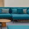 Shop online for your complete new outdoor furniture. Blue garden lounge set (sofa, armchair, coffee table and several outdoor accessories) home delivered.