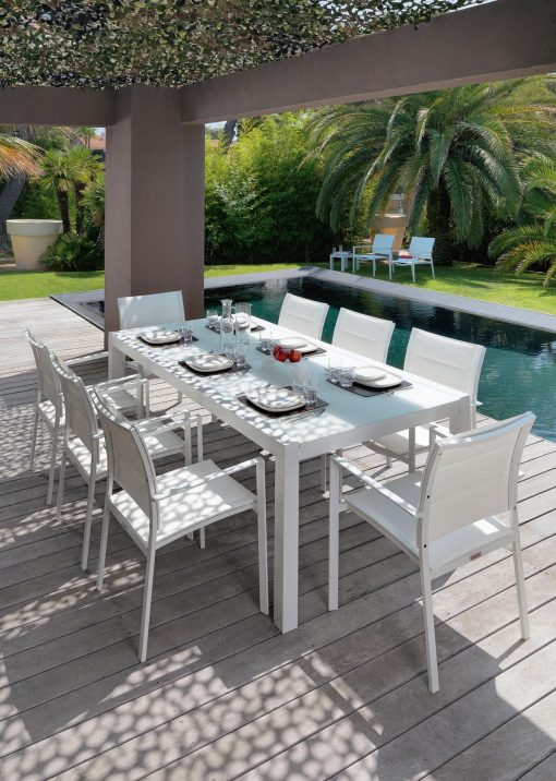 tavolo allungabile vetro temperato alluminio satinato trasparente prezzi cristallo esterno outdoor piscina giardino terrazza balcone yacht arredamento lusso