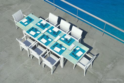 tavolo allungabile vetro temperato alluminio satinato trasparente prezzi cristallo esterno outdoor piscina giardino terrazza balcone yacht arredamento lusso