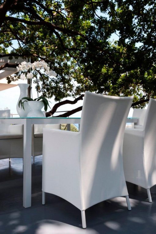 tavolo quadrato vetro temperato alluminio satinato trasparente prezzi cristallo esterno outdoor piscina giardino terrazza balcone yacht arredamento lusso