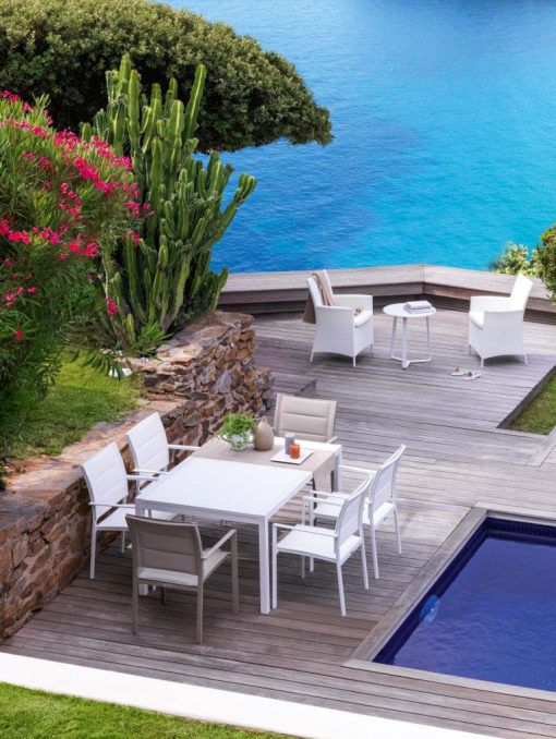 tavolo allungabile vetro temperato alluminio satinato trasparente prezzi cristallo esterno outdoor piscina giardino terrazza balcone yacht arredamento lusso