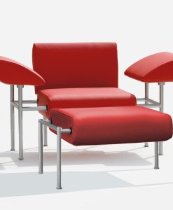 Relax invitation from a Paolo Benevelli furniture icon. Spelt armchair and footrest are covered in wonderful bright red leather. Steel frame. All removable.