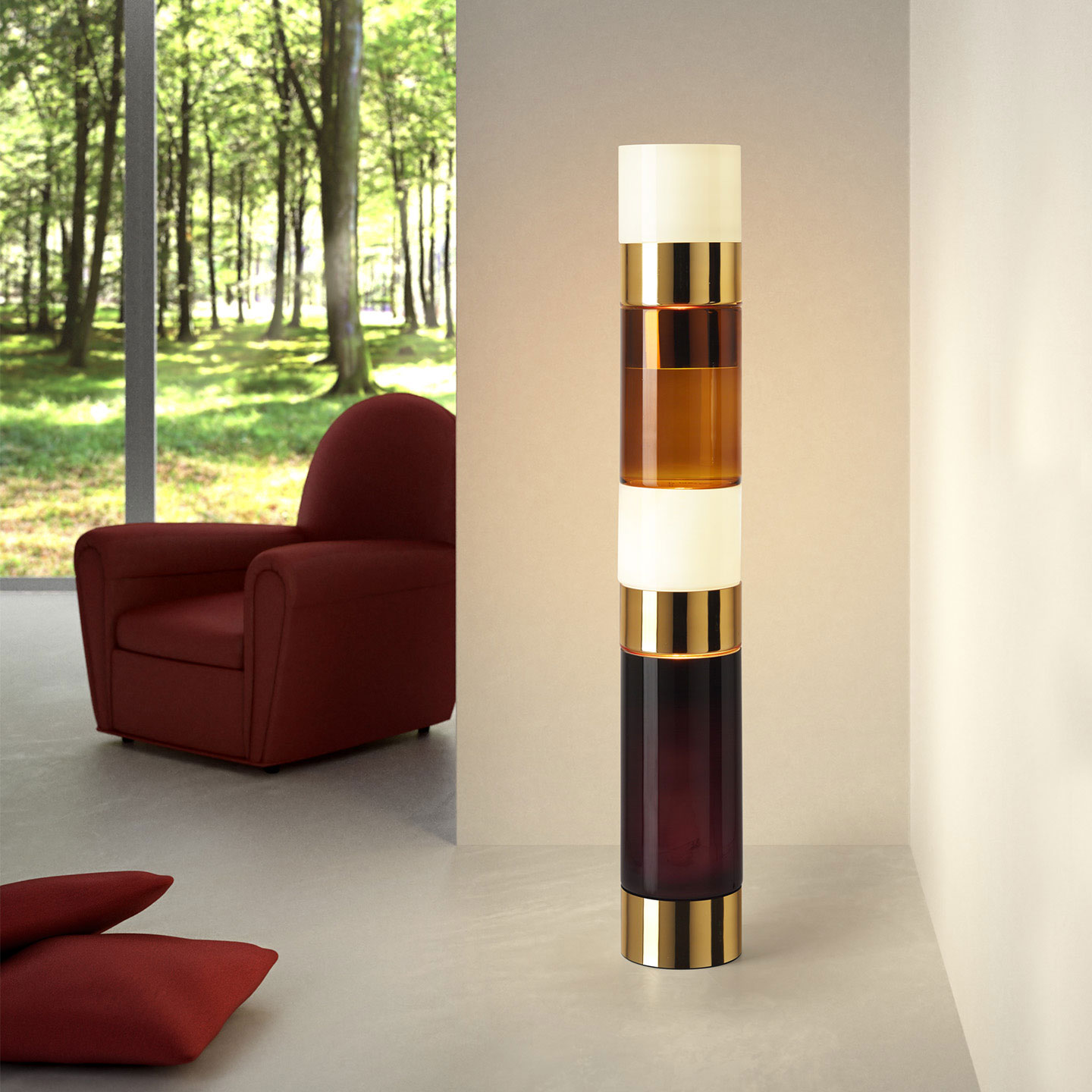 Straordinaria lampada da terra in vetro soffiato di Murano, forma cilindrica, multi colore. Design Rockwell Group. Consegna gratuita a domicilio.