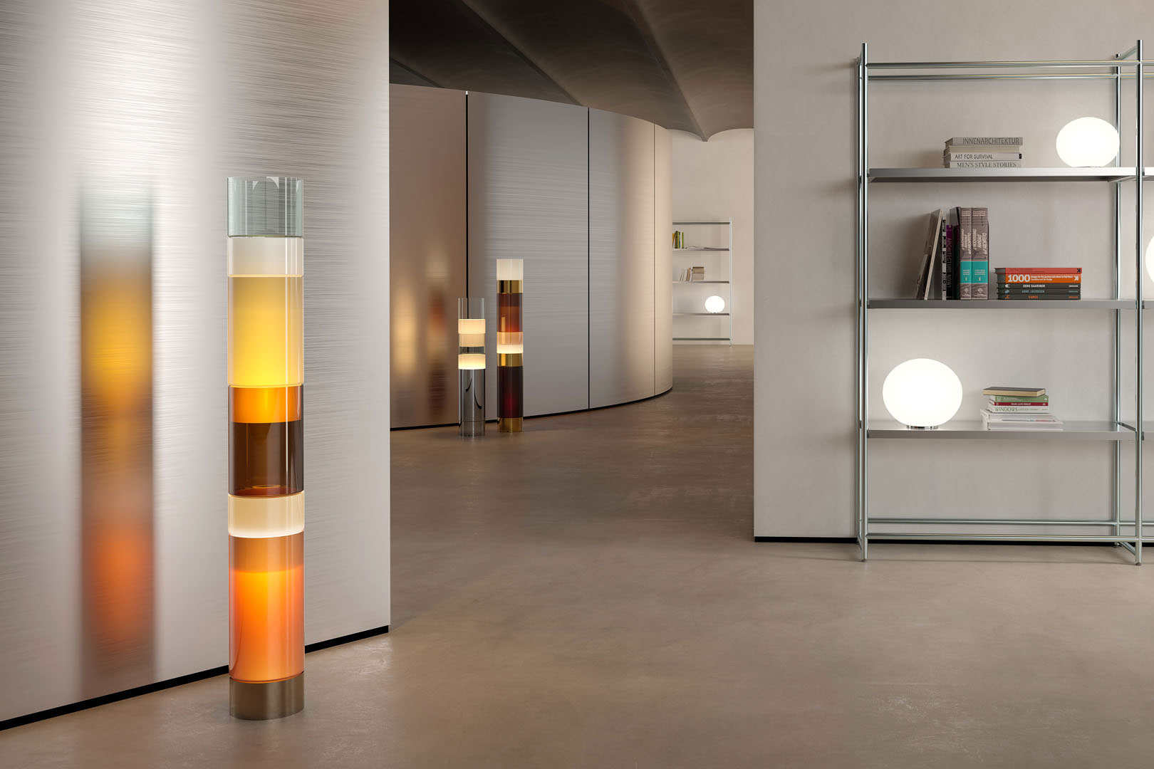Stacking is a chic Murano glass floor lamp and the epitome of contemporary cool. This Italian design floor lamp showcases blown glass cylinders in distinct colors and sizes.