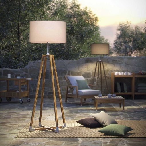 Teak garden lamp perfect for outdoor use. Our high floor lamp in teak and steel has textilene white lampshade. Shop online for luxurious garden furniture.