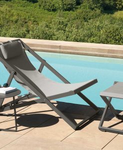 High-quality grey deck chair. Solid folding aluminium structure and comfortable Textilene seat. Elegant outdoor furniture. Worldwide home delivery.