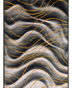 Rectangular rug in grey tones with 3D wave design and yellow-orange accents