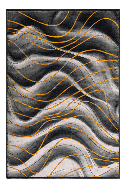 Rectangular rug in grey tones with 3D wave design and yellow-orange accents
