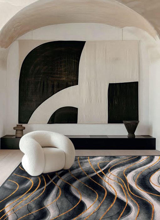 Gabrielle Waves Grey Yellow rug styled with grey sofa and walnut furniture