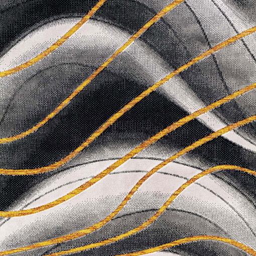 Close-up of 3D wave motif and yellow-orange accents on Gabrielle Waves Grey Yellow rug