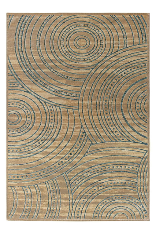 Rectangular rug with Inca-style concentric circles in antique gold and turquoise