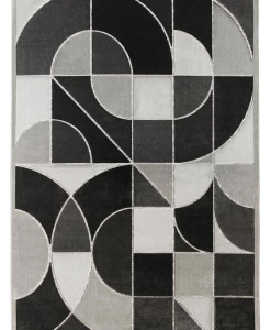 Rectangular rug in grey tones with straight and curved intersecting lines