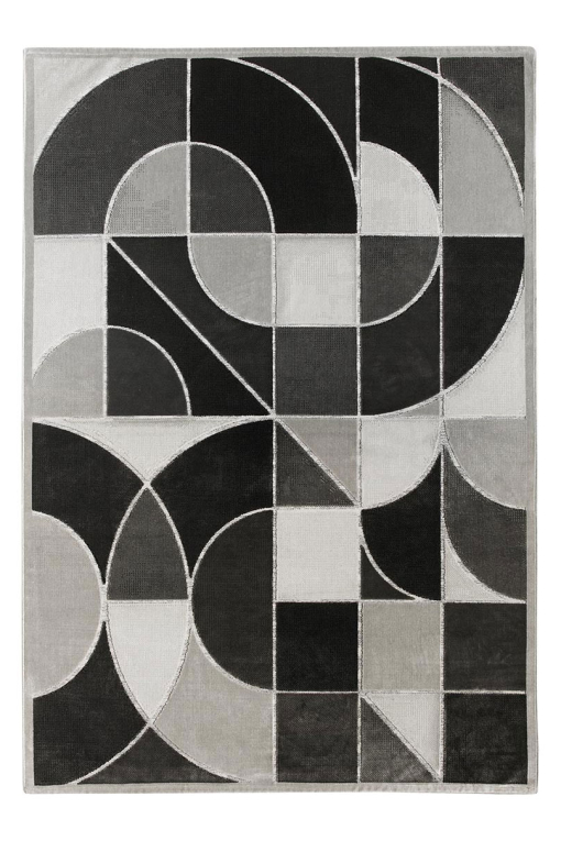 Rectangular rug in grey tones with straight and curved intersecting lines