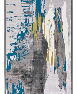 Rectangular rug in blue, gold and grey with abstract embossed design