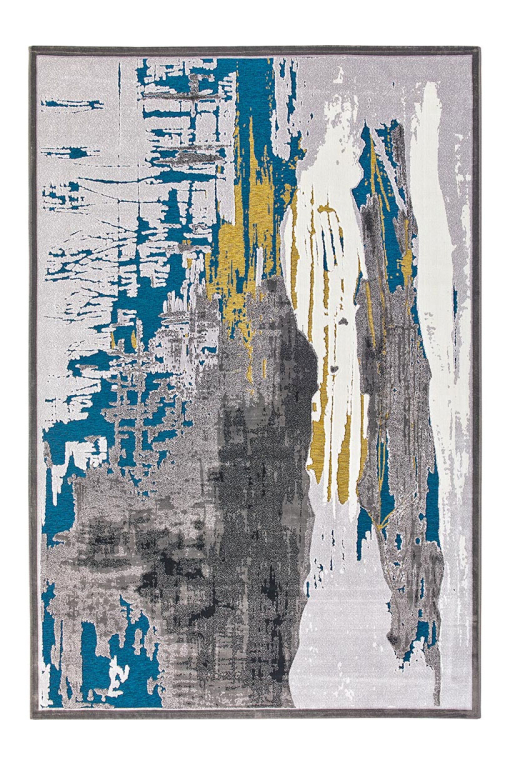 Rectangular rug in blue, gold and grey with abstract embossed design
