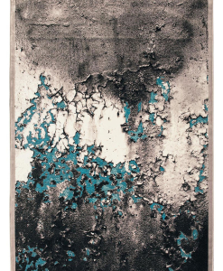 Rectangular rug in black, grey and turquoise with abstract texture