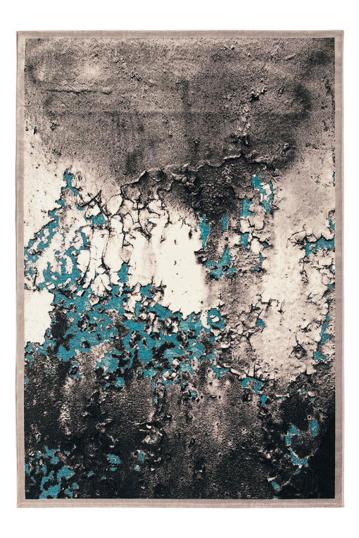 Rectangular rug in black, grey and turquoise with abstract texture