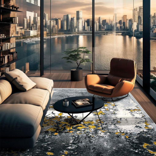 Black and gold rug styled in luxury living room