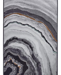 Rectangular rug in grey and gold with irregular concentric lines
