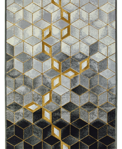 Rectangular rug in grey and gold with 3D cube geometric design