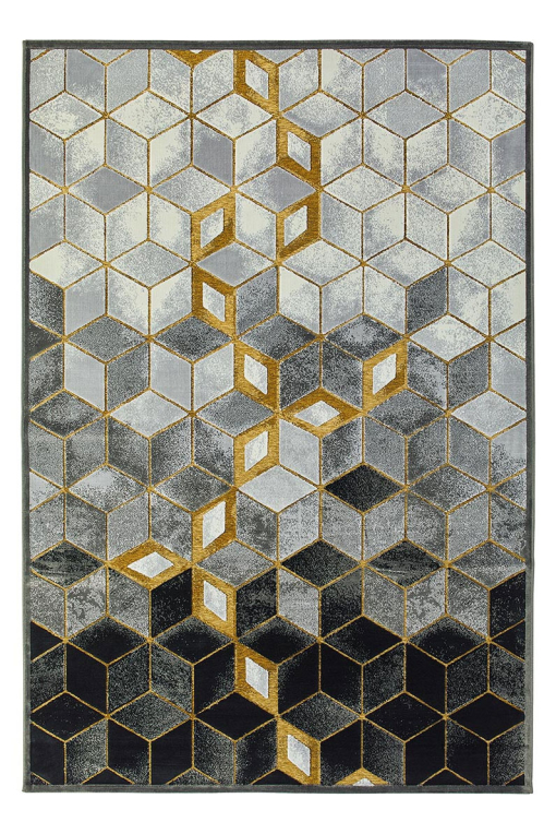 Rectangular rug in grey and gold with 3D cube geometric design