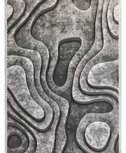 Rectangular rug in grey tones with 3D curvilinear relief design