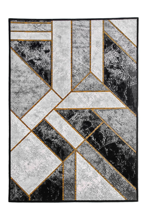 Rectangular rug in marbled grey with intersecting golden lines