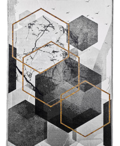 Rectangular rug in grey and gold with stylised hexagonal pattern