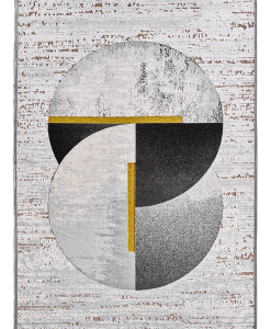 Rectangular rug in grey, black, white and gold with overlapping circles