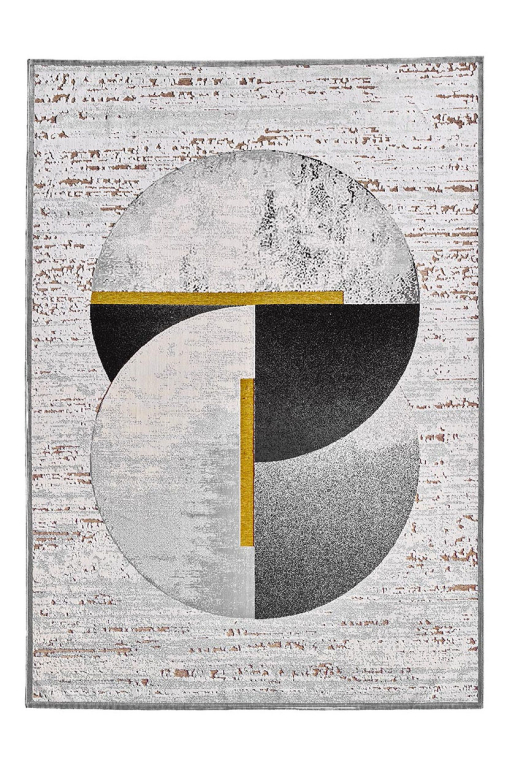 Rectangular rug in grey, black, white and gold with overlapping circles
