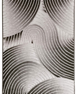 Rectangular rug with overlapping concentric curves in light and dark grey tones