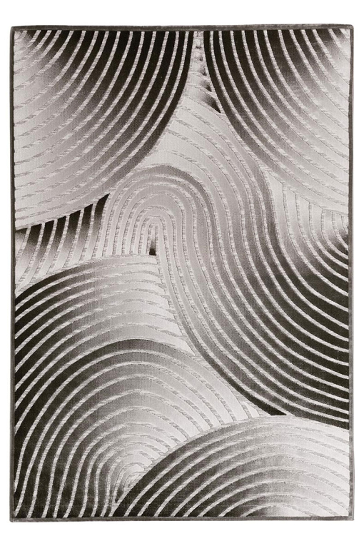 Rectangular rug with overlapping concentric curves in light and dark grey tones