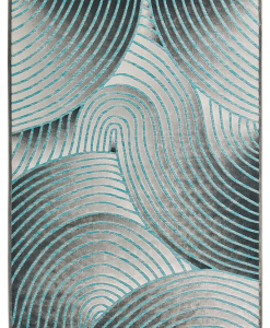 Rectangular rug with overlapping concentric curves in grey and turquoise