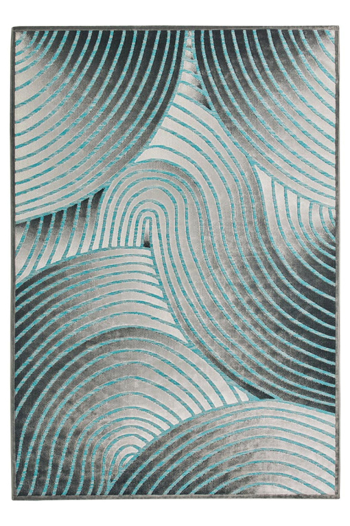Rectangular rug with overlapping concentric curves in grey and turquoise