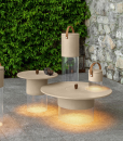 Round outdoor coffee table with dimmable LED battery supplied lamp. Design Studio Adolini. Several sizes. Sand or graphite colour. Free home delivery.