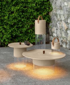 Round outdoor coffee table with dimmable LED battery supplied lamp. Design Studio Adolini. Several sizes. Sand or graphite colour. Free home delivery.