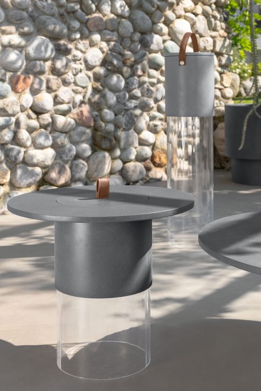 Round outdoor coffee table with dimmable LED battery supplied lamp. Design Studio Adolini. Several sizes. Sand or graphite colour. Free home delivery.