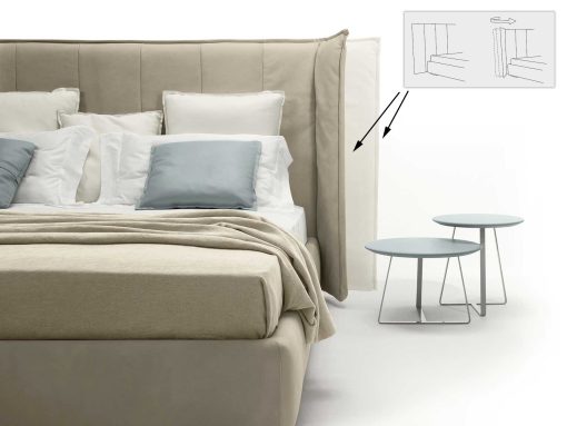 Eleganza ed originalità nel letto con testiera mobile Wind. Base con contenitore, rivestimento in pelle. Acquisto online. Consegna a domicilio grauita.