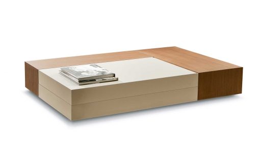 Ambrogio Sala designs a luxurious rectangular coffee table. Lacquered wood fibre. The sliding top hides a storage compartment. Free home delivery.